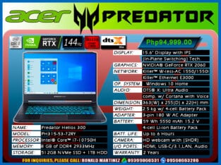 Laptop ACER PREDATOR HELIOS 300 CORE i7 – PH315-53